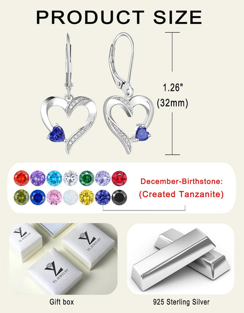 Load image into Gallery viewer, Heart Earrings Sterling Silver Heart Dangle Drop Earrings Sapphire/Emerald/Amethyst/Aquamarine Leverback Jewelry for Women
