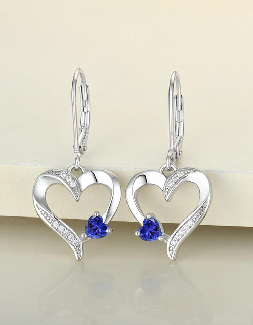 Load image into Gallery viewer, Heart Earrings Sterling Silver Heart Dangle Drop Earrings Sapphire/Emerald/Amethyst/Aquamarine Leverback Jewelry for Women
