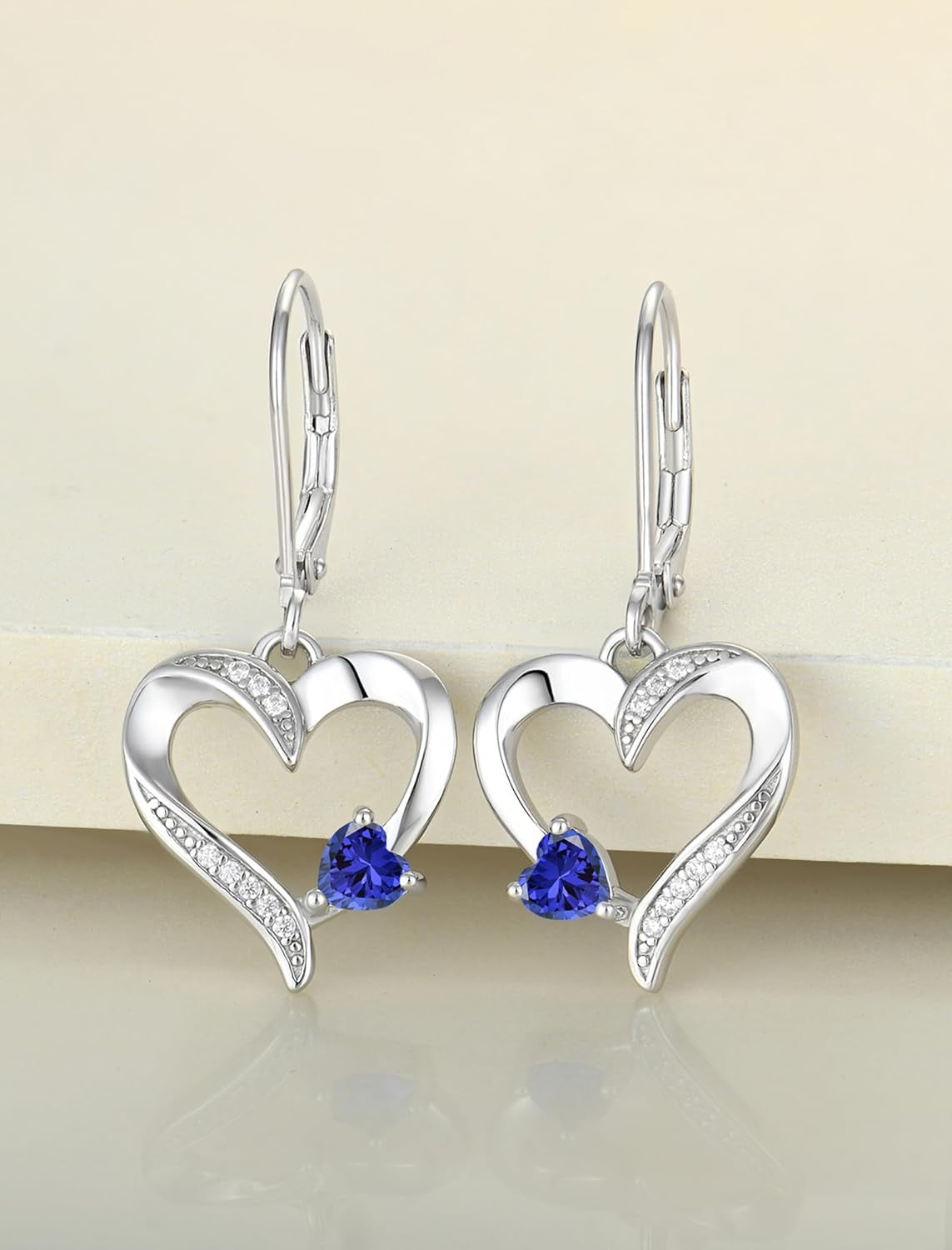 Heart Earrings Sterling Silver Heart Dangle Drop Earrings Sapphire/Emerald/Amethyst/Aquamarine Leverback Jewelry for Women